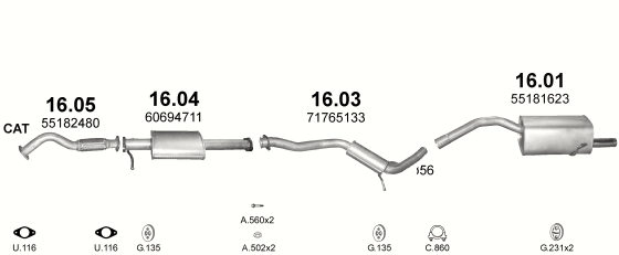 Skica izduvnog sistema za Alfa Romeo GT 2.0 JTS 16V, 2003–9/2010