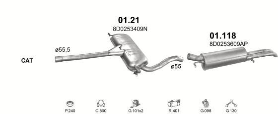 Skica izduvnog sistema za Audi A4 2.6 V6 ABC / 2.8 V6 AAH, 1994–7/1998 · 1994–7/1997