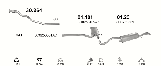 Skica izduvnog sistema za Audi A4 1.9 TDI, 1996–9/2001