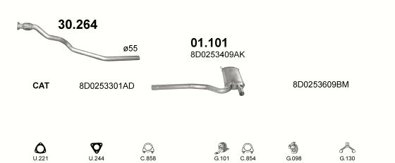 Skica izduvnog sistema za Audi A4 1.9 TDI, 1998–9/2001