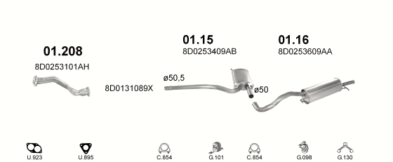 Skica izduvnog sistema za Audi A4 1.6 ARM AHL ADP, 1994–7/1999