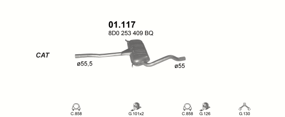 Skica izduvnog sistema za Audi A4 2.5 TDI ABF / 2.5 TDI AKN, 1997–6/2000 · 1998–9/2001