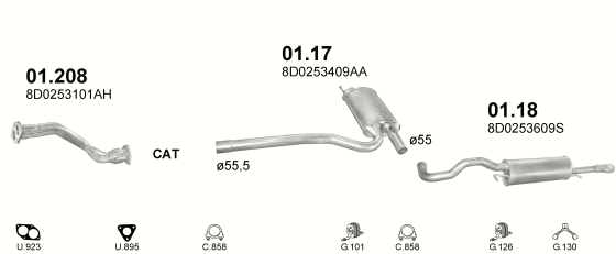 Skica izduvnog sistema za Audi A4 1.8 20V AVV ARG APT ADR / 1.8 20V ADR, 1999–9/2001 · 1994–12/1998
