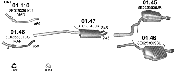Skica izduvnog sistema za Audi A4 1.8i 20V Turbo, 2000–12/2004