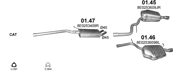 Skica izduvnog sistema za Audi A4 1.8i 20V Turbo, 2000–12/2004