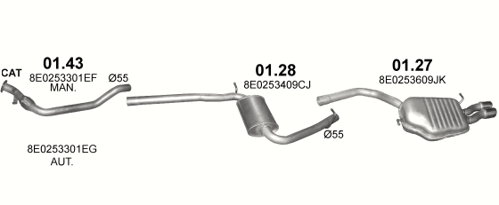 Skica izduvnog sistema za Audi A4 2.0 TDI, 2004–6/2008