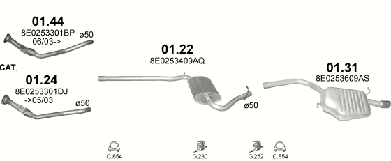 Skica izduvnog sistema za Audi A4 1.6, 2000–12/2004