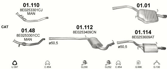 Skica izduvnog sistema za Audi A4 2.0, 2000–5/2003