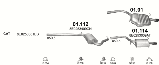 Skica izduvnog sistema za Audi A4 2.0, 2003–6/2008