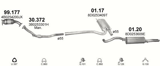Skica izduvnog sistema za Audi A4 1.8 Turbo 20V, 1995–9/2001