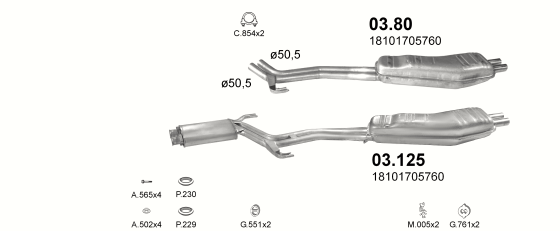 Skica izduvnog sistema za BMW Serija 5 E34 2.5 — 525is 24V 4x4, 1990–3/1996