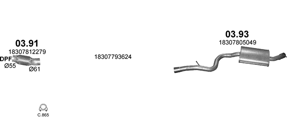 Skica izduvnog sistema za BMW Serija 3 E90 2.0 D — 318d / 320d, 2005–8/2007 Skica izduvnog sistema za BMW Serija 3 E90 2.0 D — 318d / 320d, 2005–8/2007