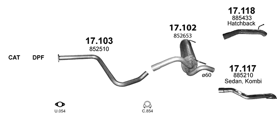 Skica izduvnog sistema za Chevrolet Cruze 1.7 D — 1.7 CDTi dizel, 2011–12/2015 · 2012–12/2015