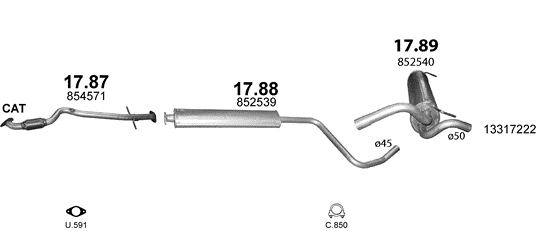 Skica izduvnog sistema za Chevrolet Cruze 1.8 — 1.8i, 2011–10/2015 · 2009–10/2015 · 2012–10/2015