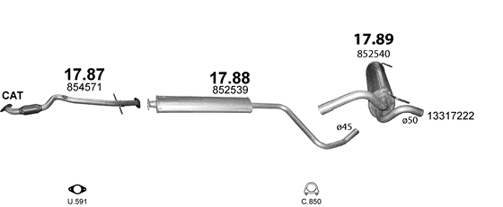 Skica izduvnog sistema za Chevrolet Cruze 1.6 — 1.6i 16V, 2009–10/2015 · 2012–10/2015
