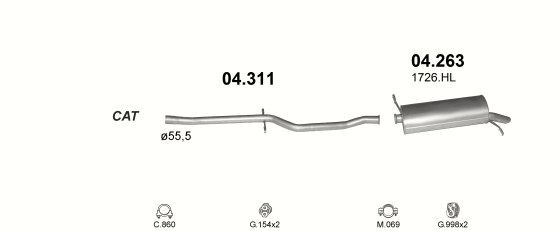 Skica izduvnog sistema za Citroen C5 2.0 — 2.0HPi 16V, 2000–8/2002 Skica izduvnog sistema za Citroen C5 2.0 — 2.0HPi 16V, 2000–8/2002