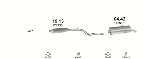 Skica izduvnog sistema za Citroen Saxo 1.6 — 1.6i, 1996–2004