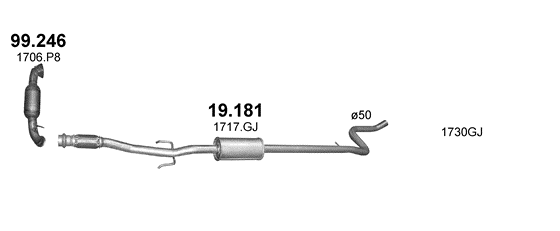 Skica izduvnog sistema za Citroen DS3 1.6 — 1.6 THP, 2010–7/2015 Skica izduvnog sistema za Citroen DS3 1.6 — 1.6 THP, 2010–7/2015