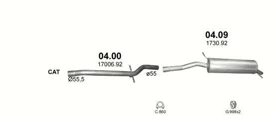 Skica izduvnog sistema za Citroen C5 1.8 — 1.8i 16V, 2004–2008 · 2002–2005 Skica izduvnog sistema za Citroen C5 1.8 — 1.8i 16V, 2004–2008 · 2002–2005