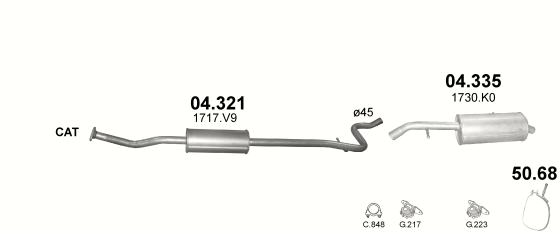 Skica izduvnog sistema za Citroen C2 1.6 — 1.6i 16V, 2003–2010 Skica izduvnog sistema za Citroen C2 1.6 — 1.6i 16V, 2003–2010