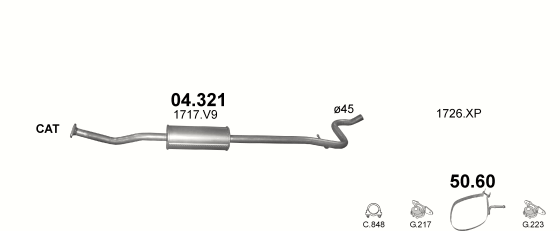 Skica izduvnog sistema za Citroen C2 1.6 — 1.6i VTS 16V, 2004–2010 Skica izduvnog sistema za Citroen C2 1.6 — 1.6i VTS 16V, 2004–2010
