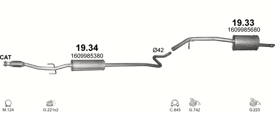Skica izduvnog sistema za Citroen C-Elysee 1.2 — 1.2 VTi 12V, 2012–11/2014 Skica izduvnog sistema za Citroen C-Elysee 1.2 — 1.2 VTi 12V, 2012–11/2014