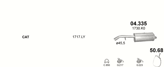 Skica izduvnog sistema za Citroen C2 1.4 D — 1.4 HDi dizel, 2005–2010 Skica izduvnog sistema za Citroen C2 1.4 D — 1.4 HDi dizel, 2005–2010