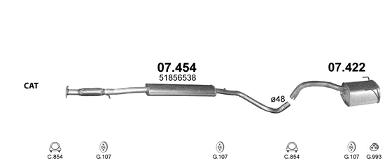 Skica izduvnog sistema za Fiat 500 1.4 — 1.4 16V, 2007–6/2010 Skica izduvnog sistema za Fiat 500 1.4 — 1.4 16V, 2007–6/2010