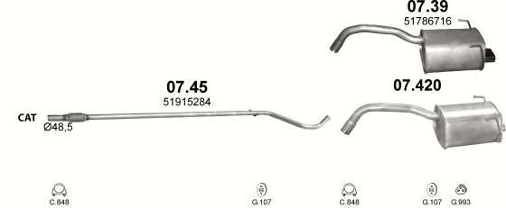 Skica izduvnog sistema za Fiat 500 1.2 — 1.2 8V 2WD / 1.2 8V / 1.2 LPG 8V 2WD, 2007–2/2012 · 2009–4/2012 Skica izduvnog sistema za Fiat 500 1.2 — 1.2 8V 2WD / 1.2 8V / 1.2 LPG 8V 2WD, 2007–2/2012 · 2009–4/2012