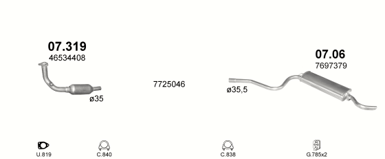 Skica izduvnog sistema za Fiat Cinquecento 0.9 — 900 i.e., 1992–5/1994 Skica izduvnog sistema za Fiat Cinquecento 0.9 — 900 i.e., 1992–5/1994