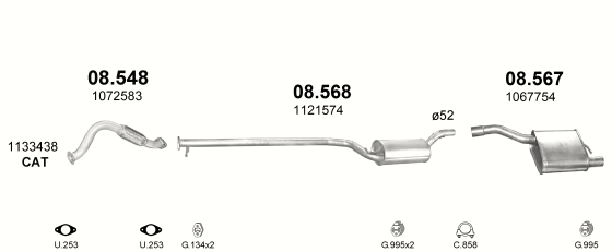 Skica izduvnog sistema za Ford Focus 2.0 — 2.0i 16V, 1998–9/2004 Skica izduvnog sistema za Ford Focus 2.0 — 2.0i 16V, 1998–9/2004