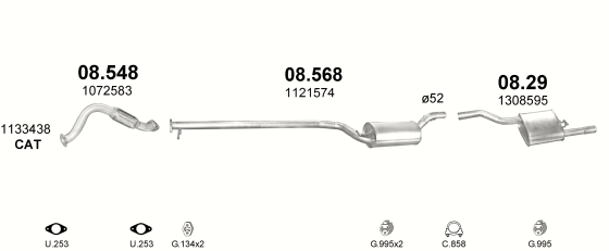 Skica izduvnog sistema za Ford Focus 2.0 — 2.0i 16V, 1998–9/2004 Skica izduvnog sistema za Ford Focus 2.0 — 2.0i 16V, 1998–9/2004