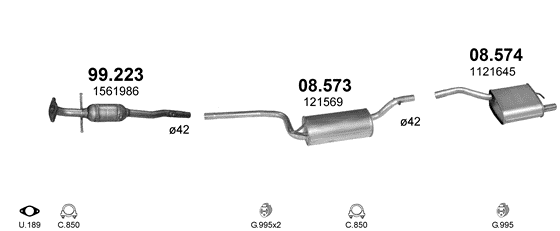 Skica izduvnog sistema za Ford Focus 1.4 — 1.4i 16V, 1998–9/2004 Skica izduvnog sistema za Ford Focus 1.4 — 1.4i 16V, 1998–9/2004