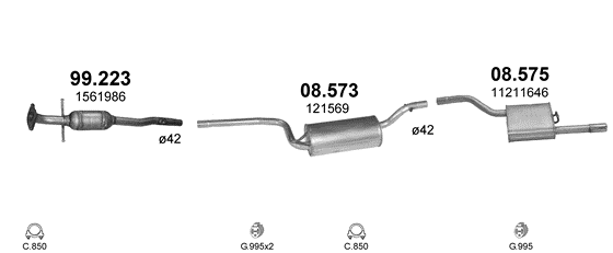 Skica izduvnog sistema za Ford Focus 1.4 — 1.4i 16V, 1998–9/2004 Skica izduvnog sistema za Ford Focus 1.4 — 1.4i 16V, 1998–9/2004