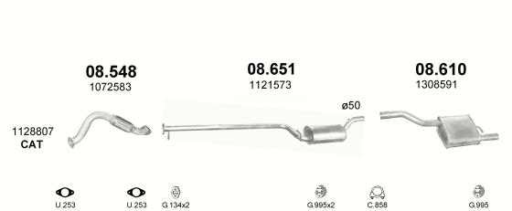 Skica izduvnog sistema za Ford Focus 1.8 — 1.8i 16V, 1998–9/2004 Skica izduvnog sistema za Ford Focus 1.8 — 1.8i 16V, 1998–9/2004