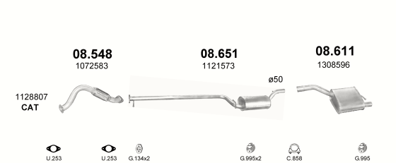 Skica izduvnog sistema za Ford Focus 1.8 — 1.8i 16V, 1998–9/2004 Skica izduvnog sistema za Ford Focus 1.8 — 1.8i 16V, 1998–9/2004