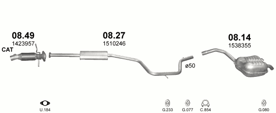 Skica izduvnog sistema za Ford S-Max 2.0 — 2.0i 16V, 2006–2/2012 Skica izduvnog sistema za Ford S-Max 2.0 — 2.0i 16V, 2006–2/2012