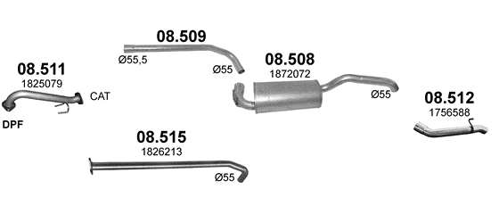 Skica izduvnog sistema za Ford Focus 1.5 D — III · 1.5 TDCi, 2014–2018 Skica izduvnog sistema za Ford Focus 1.5 D — III · 1.5 TDCi, 2014–2018
