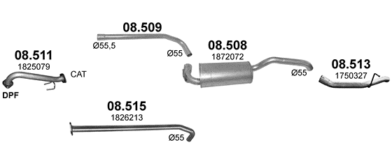 Skica izduvnog sistema za Ford Focus 1.5 D — III · 1.5 TDCi, 2014–2018 Skica izduvnog sistema za Ford Focus 1.5 D — III · 1.5 TDCi, 2014–2018