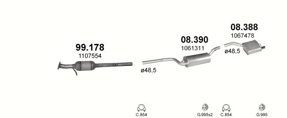 Skica izduvnog sistema za Ford Focus 1.6 — 1.6i 16V, 1998–9/2004 Skica izduvnog sistema za Ford Focus 1.6 — 1.6i 16V, 1998–9/2004