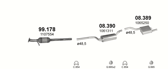 Skica izduvnog sistema za Ford Focus 1.6 — 1.6i 16V, 1998–9/2004 Skica izduvnog sistema za Ford Focus 1.6 — 1.6i 16V, 1998–9/2004