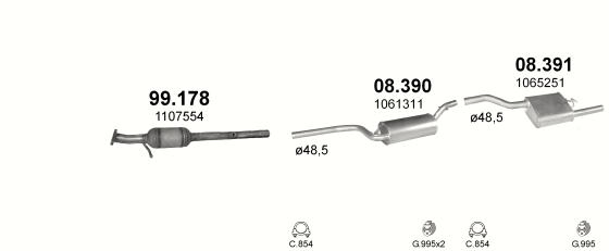 Skica izduvnog sistema za Ford Focus 1.6 — 1.6i 16V, 1998–9/2004 Skica izduvnog sistema za Ford Focus 1.6 — 1.6i 16V, 1998–9/2004