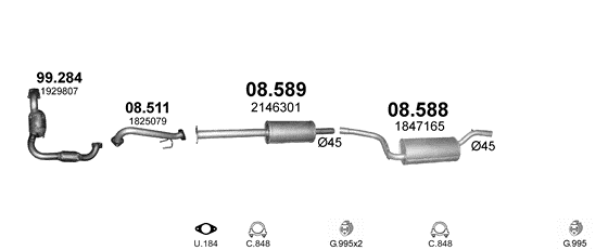 Skica izduvnog sistema za Ford Focus 1.0 — III · 1.0 EcoBoost, 2012–2019 Skica izduvnog sistema za Ford Focus 1.0 — III · 1.0 EcoBoost, 2012–2019