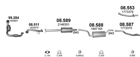 Skica izduvnog sistema za Ford Focus 1.0 — III · 1.0 EcoBoost, 2012–2019 Skica izduvnog sistema za Ford Focus 1.0 — III · 1.0 EcoBoost, 2012–2019
