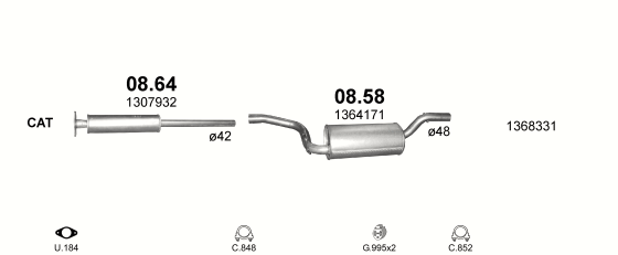 Skica izduvnog sistema za Ford Focus 1.4 — II · 1.4i 16V, 2005–7/2011 Skica izduvnog sistema za Ford Focus 1.4 — II · 1.4i 16V, 2005–7/2011