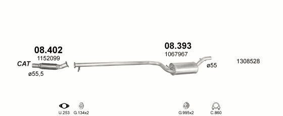Skica izduvnog sistema za Ford Focus 1.8 D — 1.8 TDCi dizel, 2002–5/2004 · 2004–9/2004 Skica izduvnog sistema za Ford Focus 1.8 D — 1.8 TDCi dizel, 2002–5/2004 · 2004–9/2004
