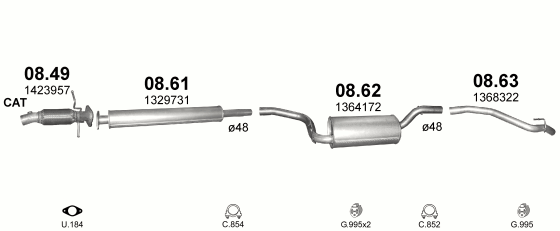 Skica izduvnog sistema za Ford Focus 1.6 — II · 1.6i Ti-VCT 16V, 2004–7/2011 Skica izduvnog sistema za Ford Focus 1.6 — II · 1.6i Ti-VCT 16V, 2004–7/2011