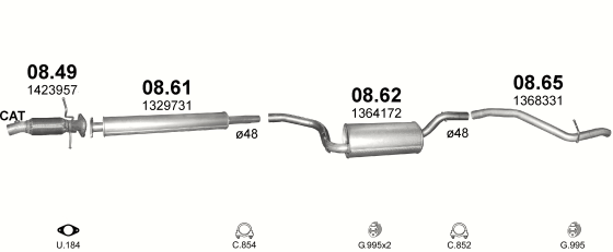 Skica izduvnog sistema za Ford Focus 1.6 — II · 1.6i Ti-VCT 16V, 2004–7/2011 Skica izduvnog sistema za Ford Focus 1.6 — II · 1.6i Ti-VCT 16V, 2004–7/2011