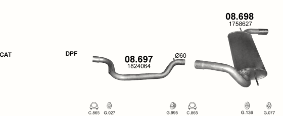 Skica izduvnog sistema za Ford Focus 2.0 D — III · 2.0 TDCi dizel, 2011–2016 Skica izduvnog sistema za Ford Focus 2.0 D — III · 2.0 TDCi dizel, 2011–2016