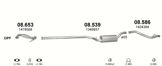 Skica izduvnog sistema za Ford Focus 1.6 D — II · 1.6 TDCi dizel, 2004–1/2007 Skica izduvnog sistema za Ford Focus 1.6 D — II · 1.6 TDCi dizel, 2004–1/2007